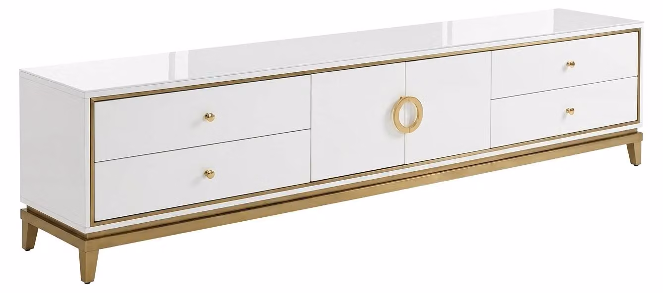 Mobile TV moderno, bianco, in legno e metallo, con dettagli dorati, ideale per il soggiorno, dal design lussuoso