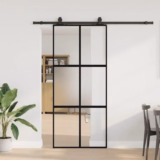 Porta Scorrevole Moderna VIDAXL in Vetro Trasparente e Alluminio con Ferramenta Nera L: 90 cm, H: 205 cm – 1