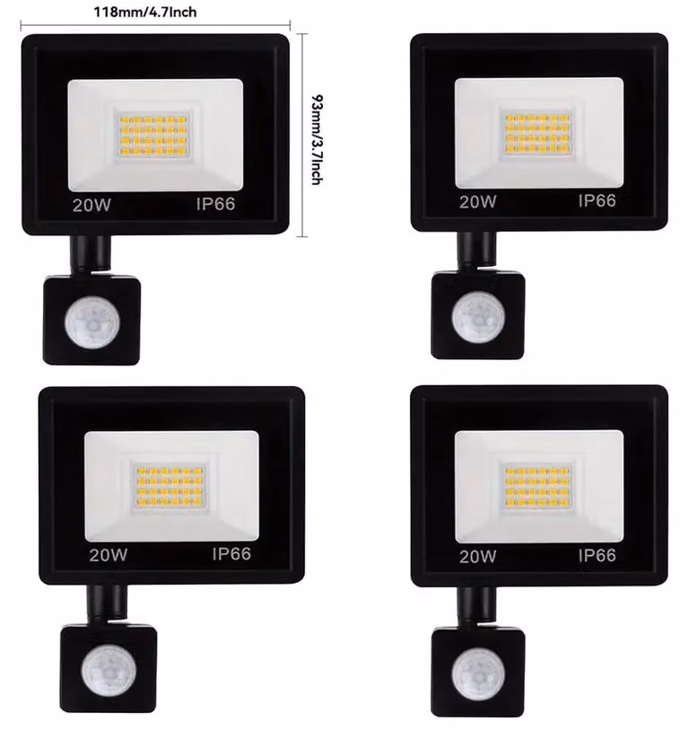 Lampada da parete a LED per esterni - Confezione da 4 - 20 W per lampada - Sensore di movimento PIR - Alimentazione 220 V - Grado di protezione IP65 (resistente all'acqua)