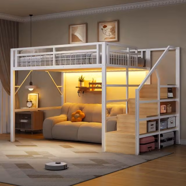 Letto a soppalco 140x200 cm con struttura in ferro, LED integrato e scalette con spazio contenitore, bianco, senza materasso