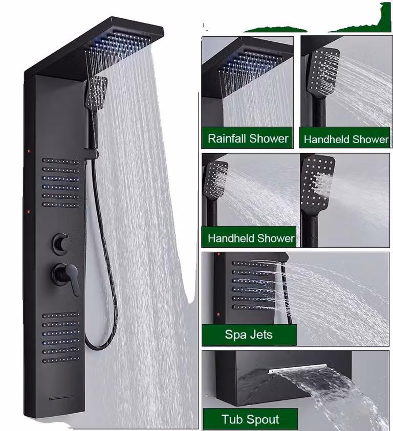 Sistema doccia, illuminazione a LED, getti massaggianti, 6004 Nero opaco