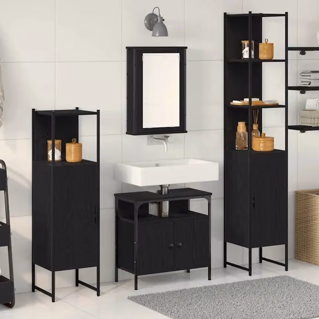 Set di mobili per il bagno 4 pz Rovere Nero 33 x 33 x 185,5 cm 3334427