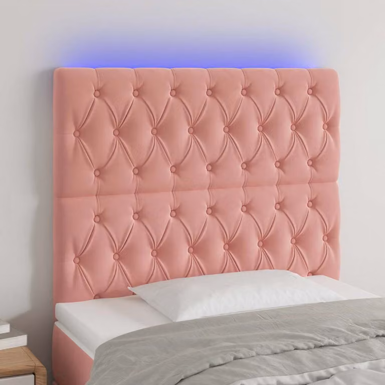 Testiera per letto vidaXL in velluto rosa con illuminazione LED e porta di ricarica USB, L: 90 cm, P: 7 cm, H: 118-128 cm