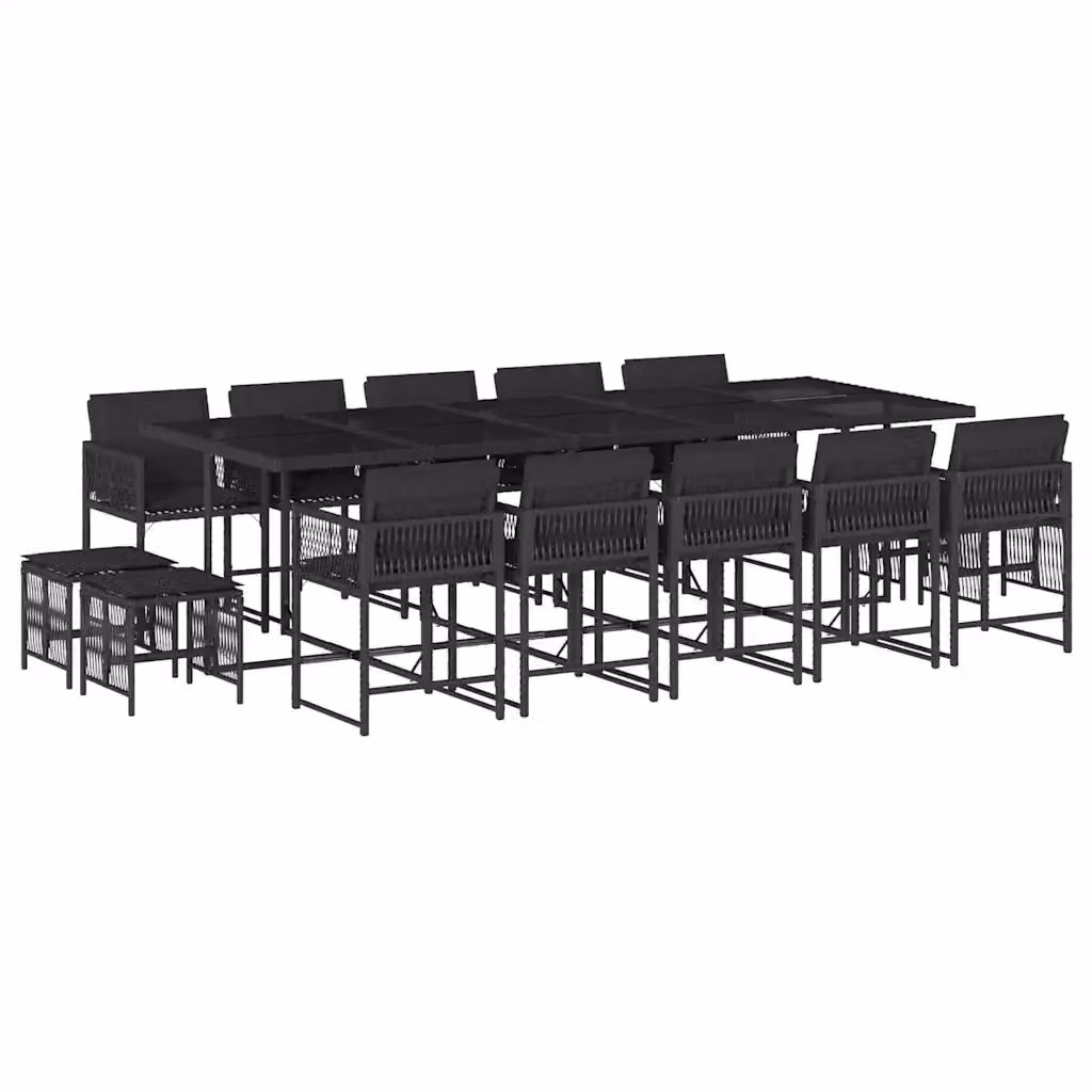 Set da Pranzo da Giardino vidaXL in Polyrattan Nero con Cuscini e Tavolo in Vetro, 15 Pezzi – 2