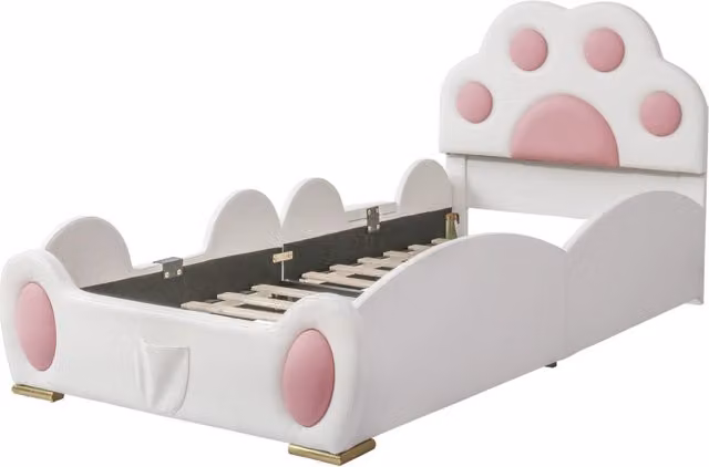 Letto singolo imbottito per bambini con scivolo, testiera a forma di zampa di gatto, bianco e rosa, 90x200 cm