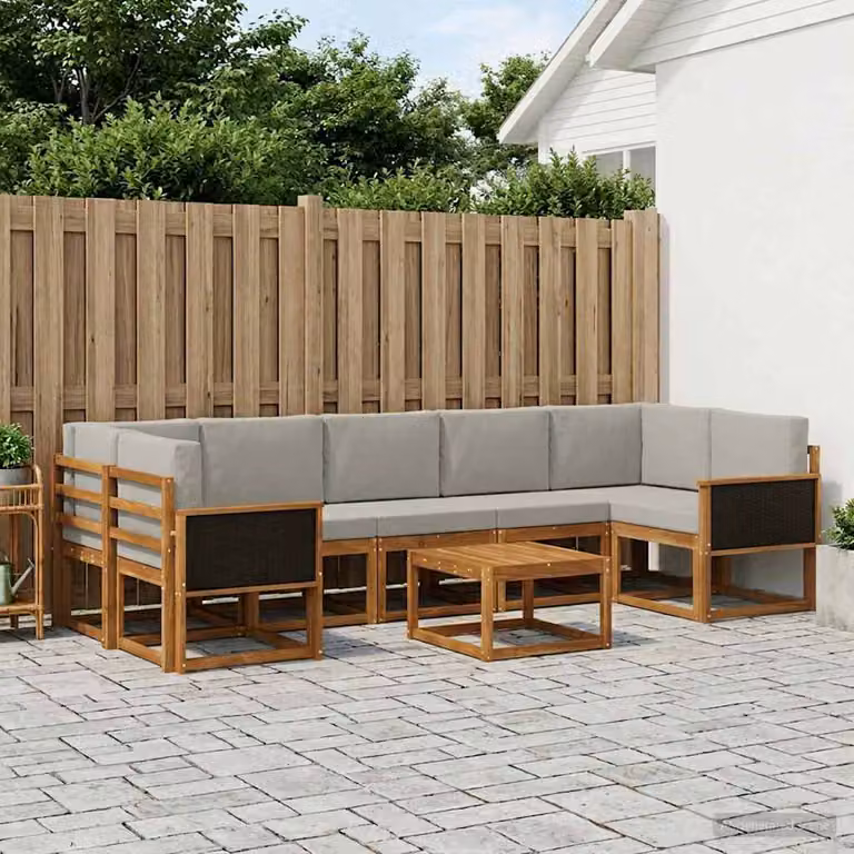 Set di divani da esterno vidaXL a forma di L in legno di acacia con tavolo da caffè e cuscini, Beige, Grigio e Marrone
