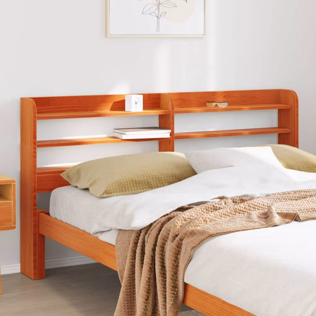 Testiera con ripiani integrati vidaXL in legno massello di pino, colore marrone cera, stile rustico, per letto 160x200 cm