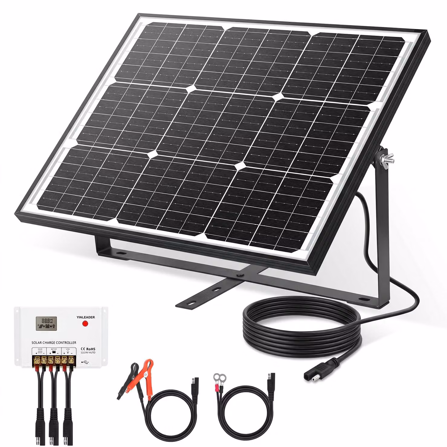 Pannello solare monocristallino - Potenza: 50 W - Tensione di uscita: 12 V - Kit completo con regolatore di carica PWM