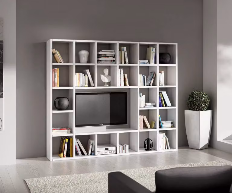 Libreria porta TV moderna Mobili 2G in frassino bianco opaco L: 261 cm, P: 30 cm, H: 218 cm