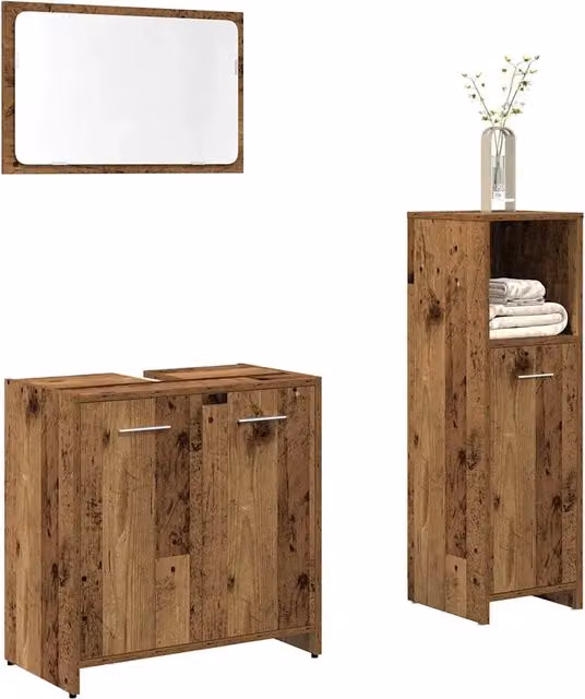 Set Mobili da Bagno vidaXL 3 Pezzi in Legno Marrone con Mobile Lavabo e Armadietto Specchio