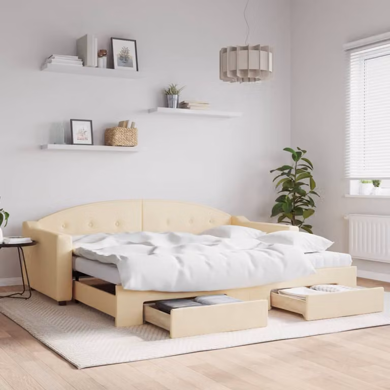 vidaXL Divano Letto Estraibile con Cassetti in Tessuto Beige L/P/H: 90 x 200 x 75 cm