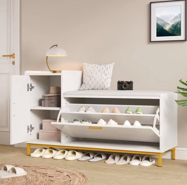 Scarpiera 100x38x68 cm bianco e oro con seduta imbottita, vano chiuso,