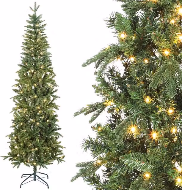Albero di Natale artificiale slim 210 cm verde con 300 luci LED 8 modalità e 826 rami per casa