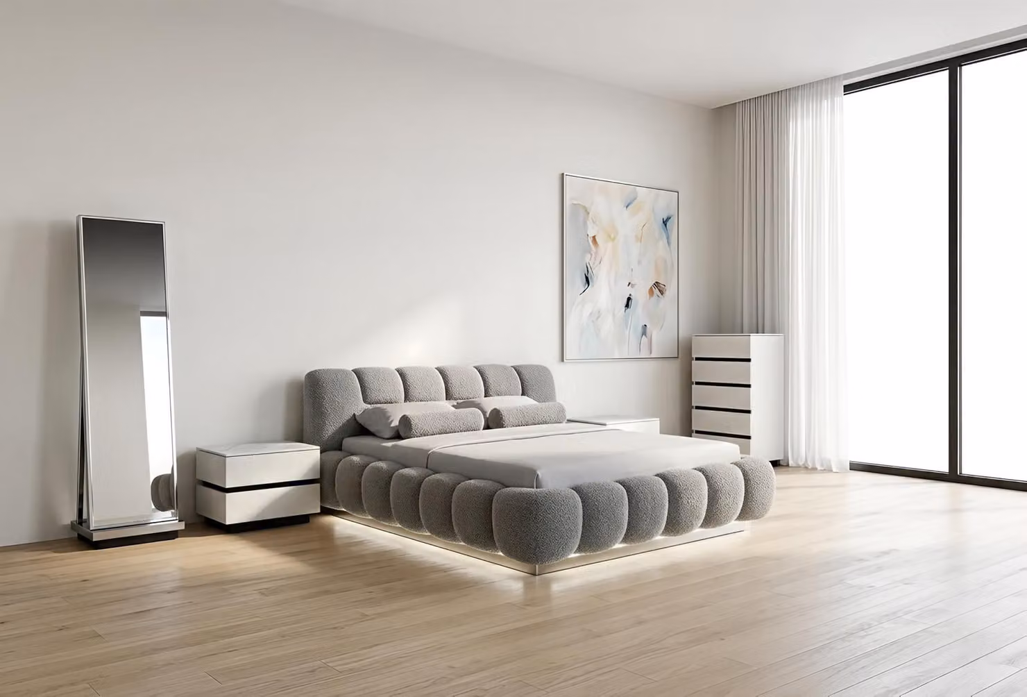 Set per camera da letto: letto, comodini, cassettiera, specchio a figura intera. Design moderno, colore grigio, aspetto elegante