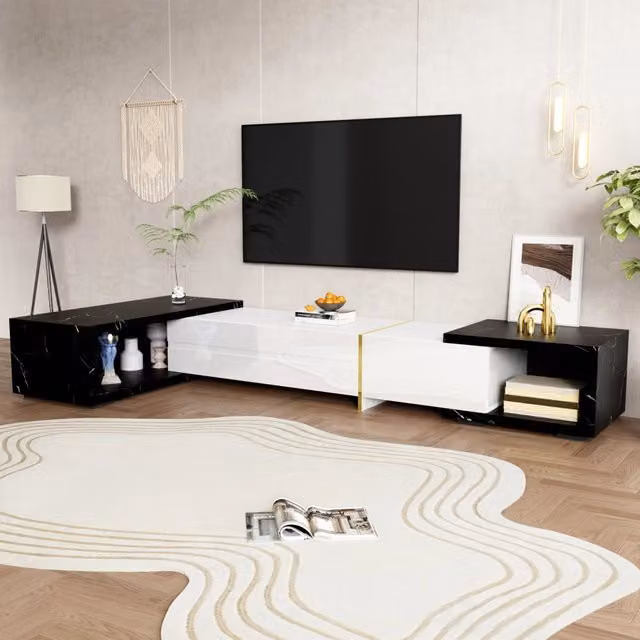Mobile TV estensibile e orientabile FOLYNA in MDF bianco effetto marmo nero e dettagli dorati L: 260 cm, P: 40 cm, H: 30 cm