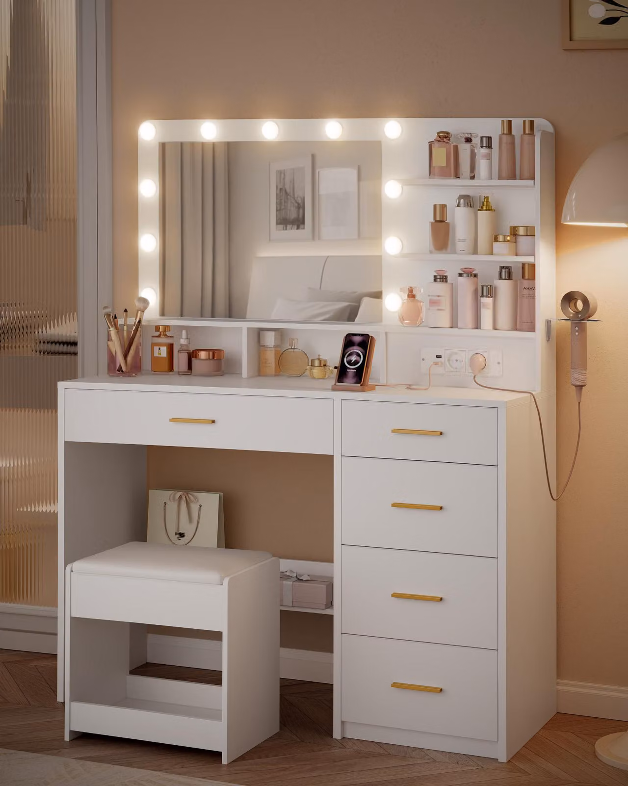 Scrivania da trucco con illuminazione a LED - Bianca - Con sgabello e specchio - Larghezza 90 cm - In legno