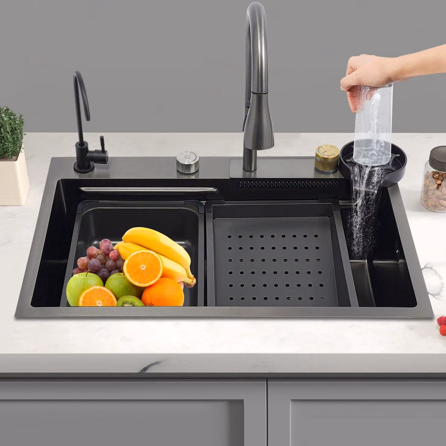 Set di lavelli in acciaio inossidabile di grandi dimensioni, completa di scolapiatti e rubinetti, lavello da incasso per cucine moderne
