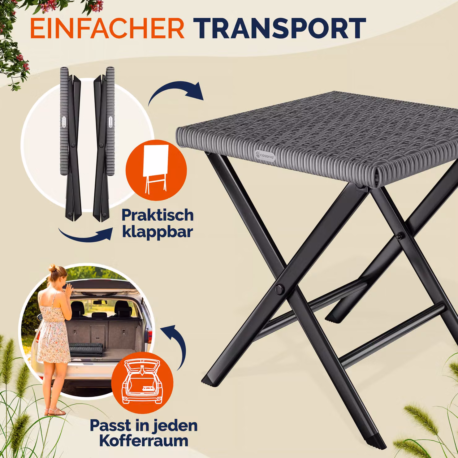 Sgabello pieghevole 3in1 Roma Casaria in polyrattan nero per giardino e terrazzo L: 44 cm, P: 40 cm, H: 44 cm – 2