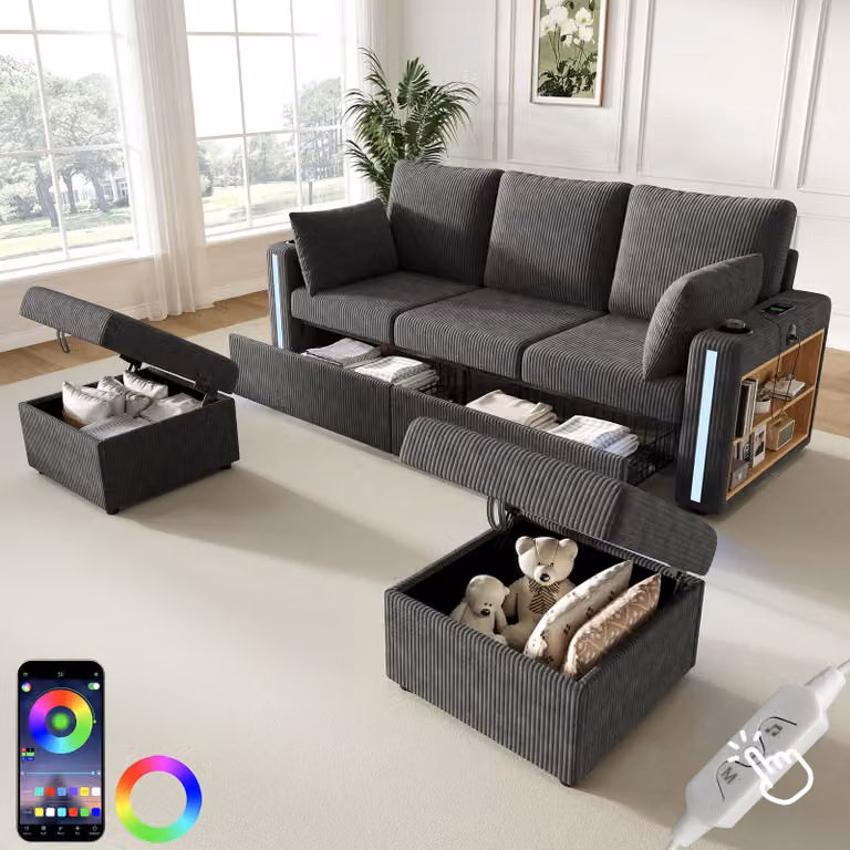 Divano modulare a forma di "U" Merax, divano angolare a 5 posti con 2 poggiapiedi contenitori, illuminazione ambientale a LED, porte USB/Type-C, divano "Cord" con 3 cassetti, divano, grigio