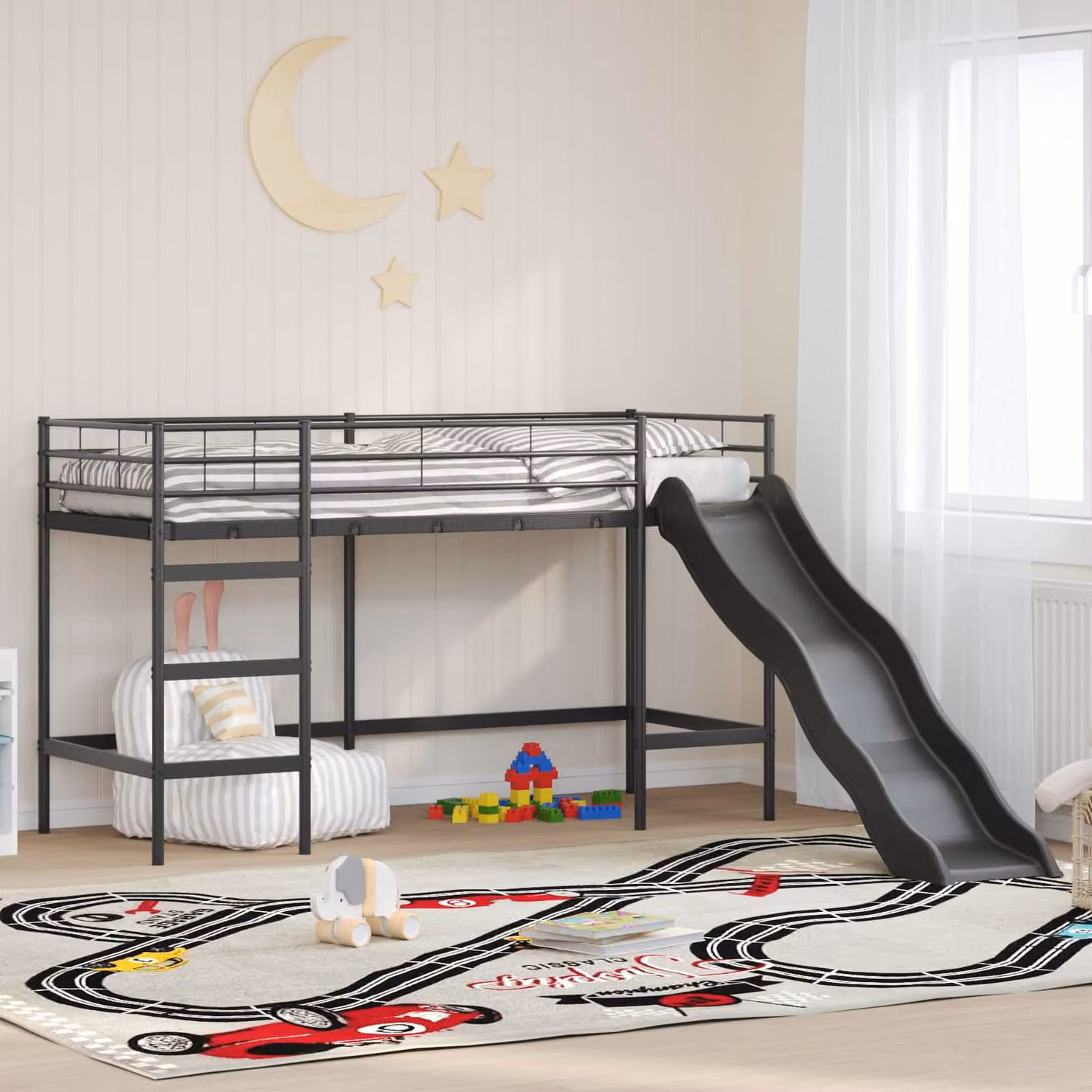 Letto loft singolo per bambini vidaXL in metallo con scala, Nero e antracite, L: 90 cm, P: 190 cm, H: 194 cm – 1