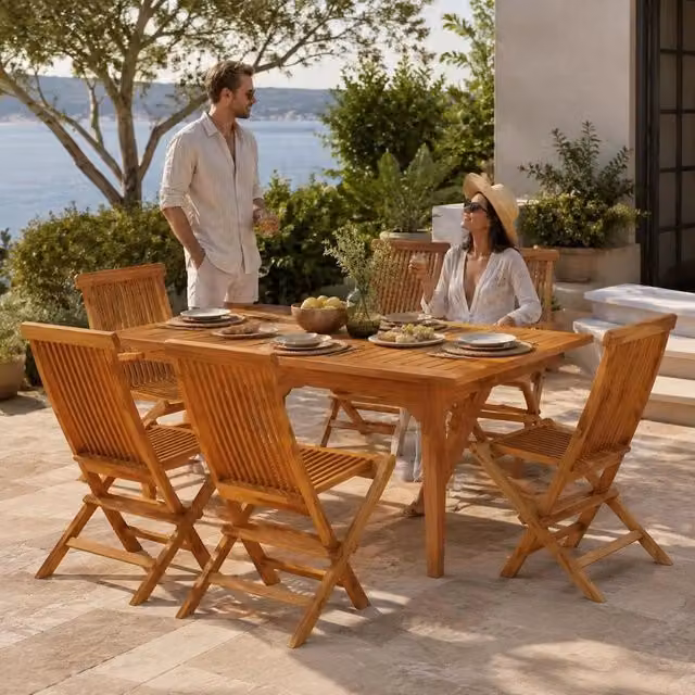 Folding Garden Chairs, Set Of 6, Made Of Solid Teak Wood