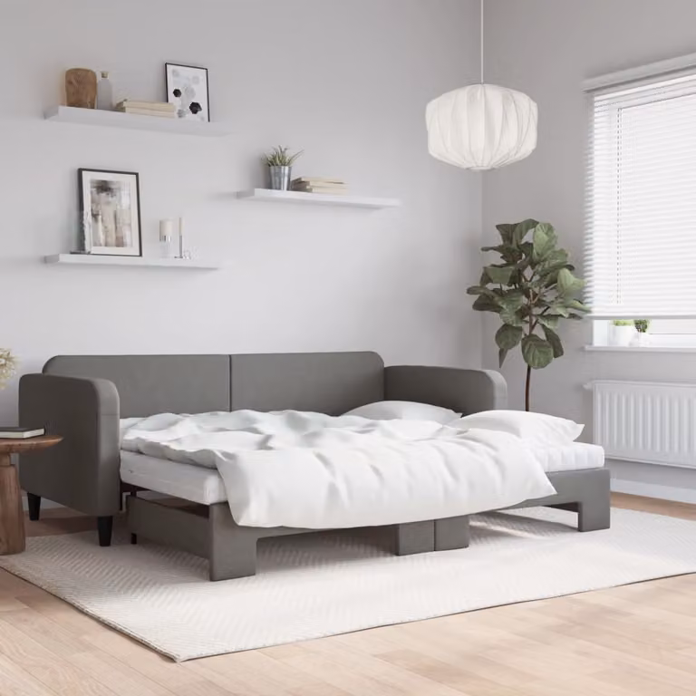 vidaXL Divano Letto Estraibile con Cassetto in Tessuto Grigio per Soggiorno e Camera da Letto L/P/H: 90 x 200 cm