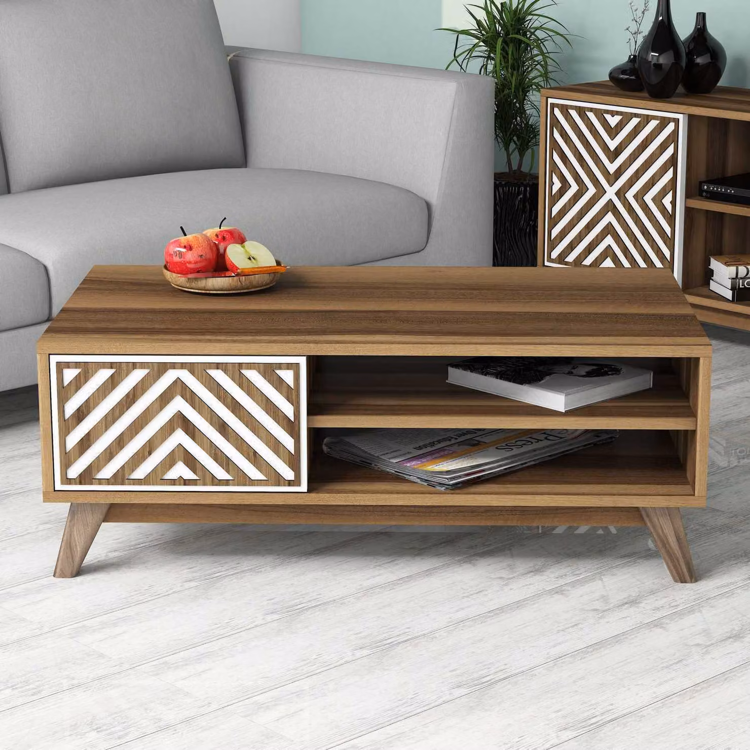 Skye Decor, Inci - Noce, Bianco, Tavolino, Noce, 100% PANNELLI DI PARTICELLE RIVESTITI IN MELAMMINA, 105 x 60 x 38,2 cm
