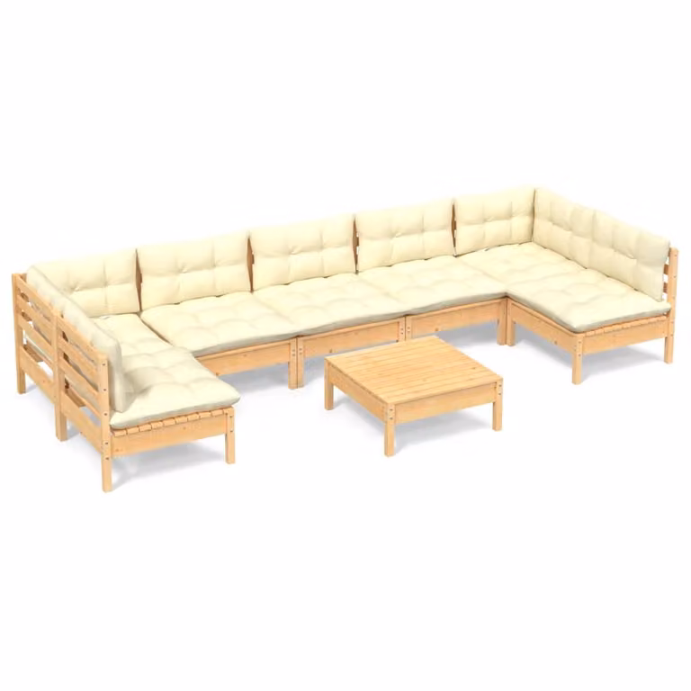 Set Divani da Giardino 8 pz con Cuscini Crema in Massello di Pino