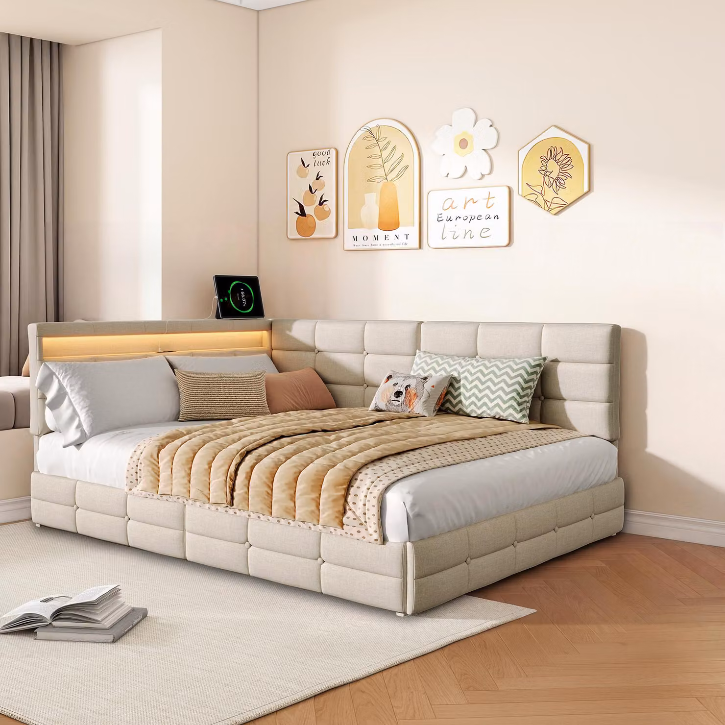 Letto imbottito ProximaX 140x200 cm, tessuto in lino beige, testiera a L, illuminazione a LED, presa USB, cassetti ai piedi del letto