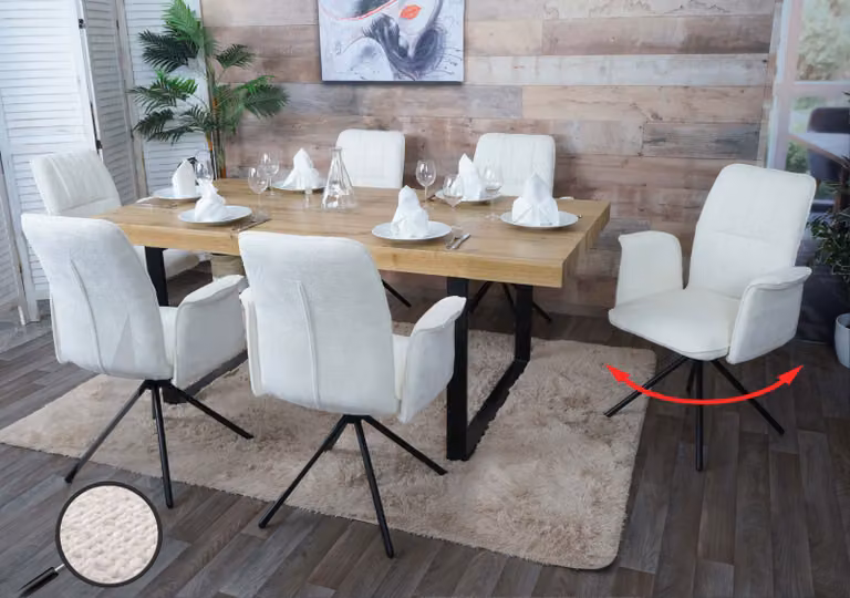 Set di 6 sedie da pranzo modello HWC-N99, girevoli, con braccioli e meccanismo di ritorno automatico, rivestite in tessuto chenille (340g/m²), colore crema