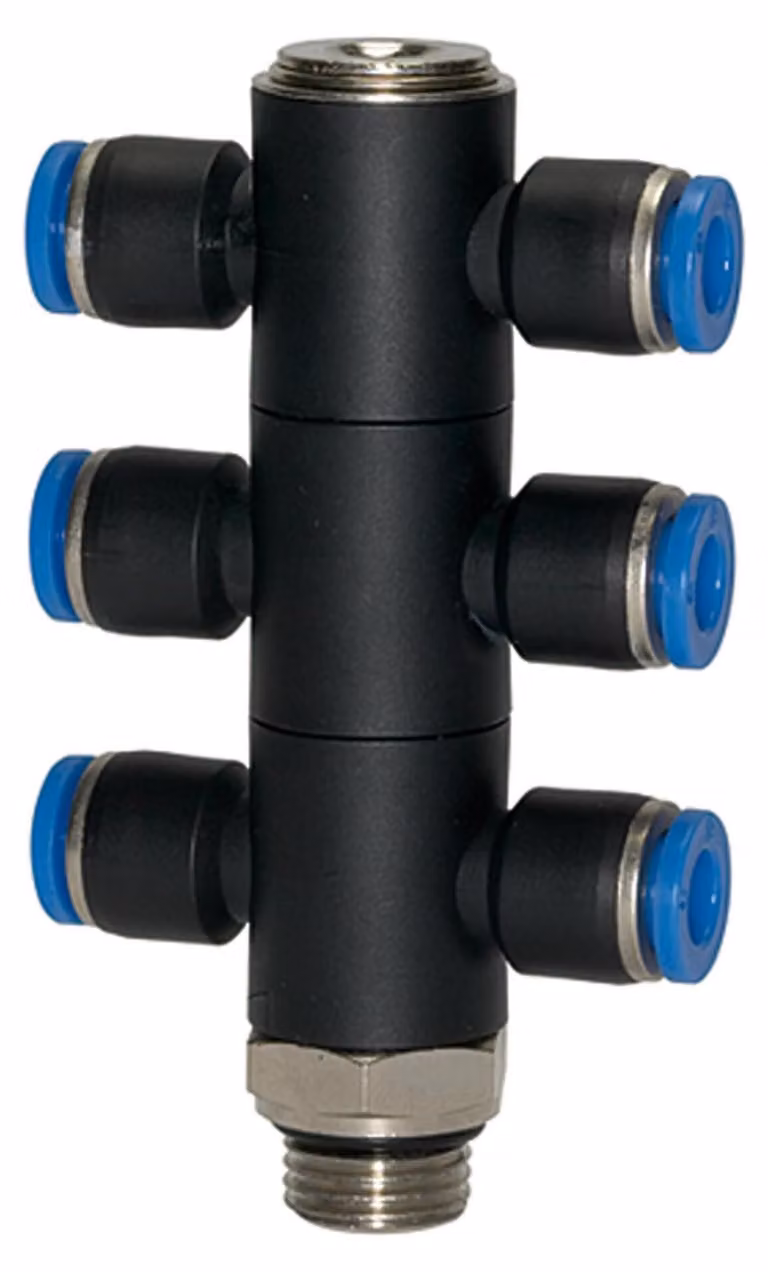 Raccordo a T Riegler "Serie Blu", a 6 vie, orientabile, G 1/4 a. Ã˜4mm