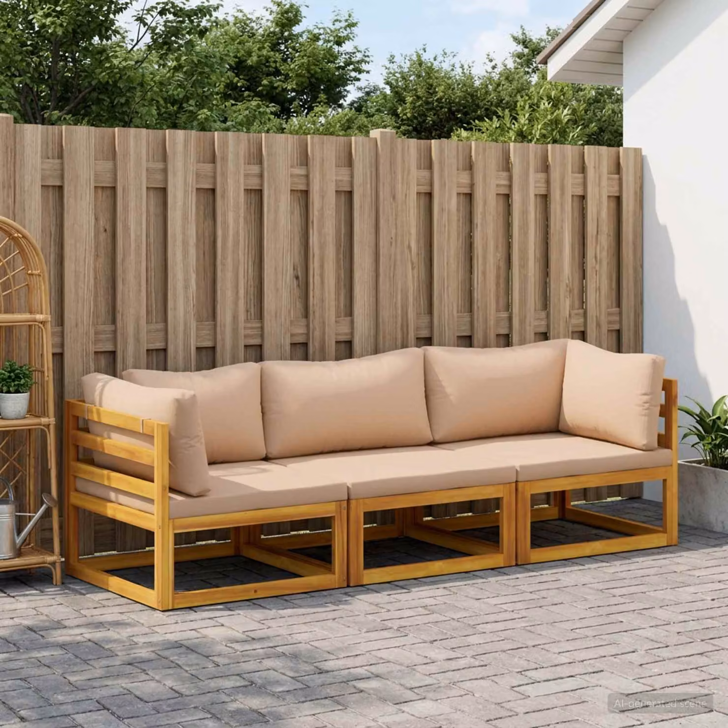Set di divani da giardino vidaXL in legno di acacia massello con cuscini beige e marroni, design a L con elementi angolari e coperture rimovibili