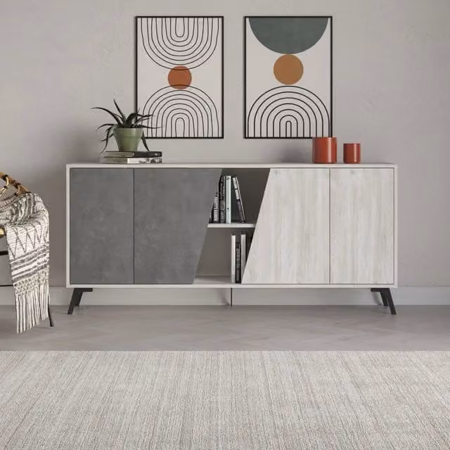 Madia 4 ante Fiona 180x35,6x82H colore bianco vintage e cemento