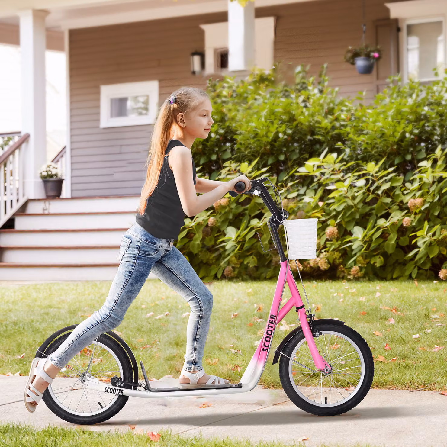Monopattino per bambini HOMCOM con freno e cestino, regolabile in altezza, bianco e rosa – 2