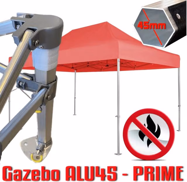 Gazebo 3x4,5 m rosso certificato IGNIFUGO SENZA laterali pieghevole alluminio piantone esagonale 45mm portatile estendibile richiudibile estensibile acciaio per fiere eventi stand chiosco tenda tendone mercato mercatino