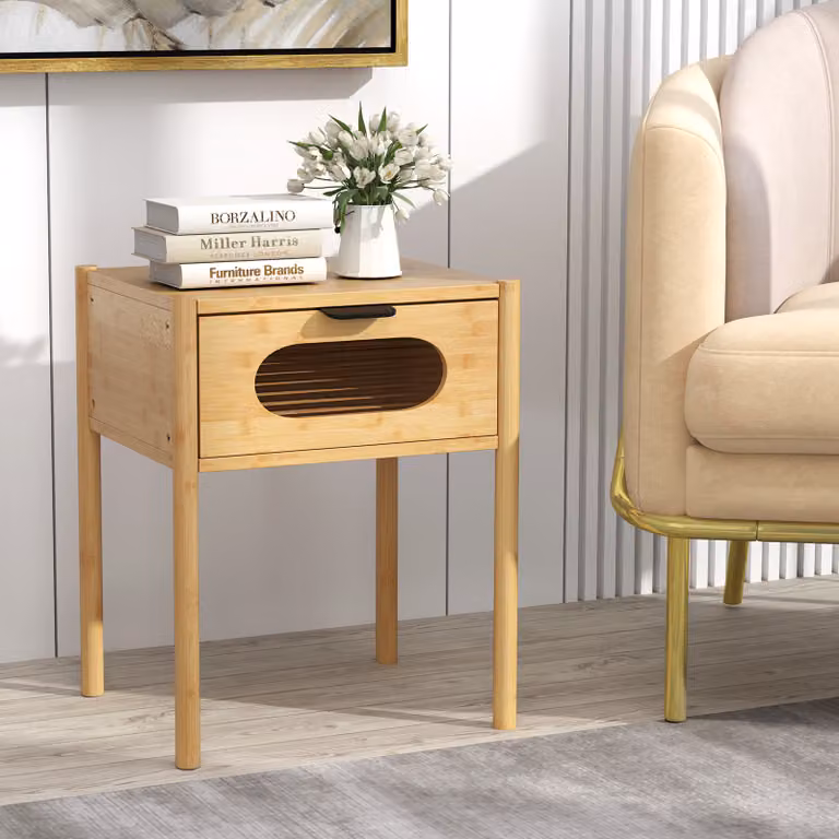 Comodino Costway in bambù con cassetto in vetro temperato design mid century, colore marrone e beige