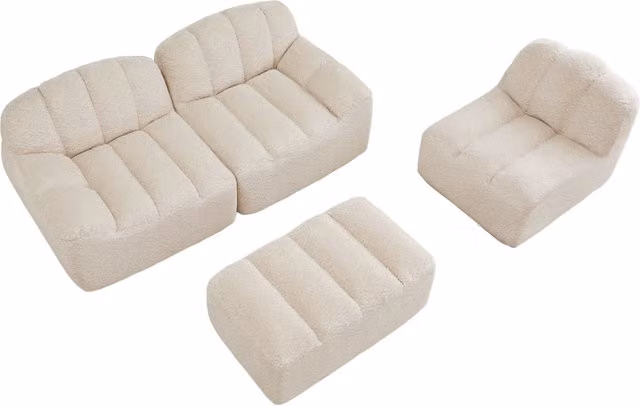 Divano modulare angolare a 3 posti con pouf, schiuma ad alta densità 32D, rivestimento in pile beige per soggiorno