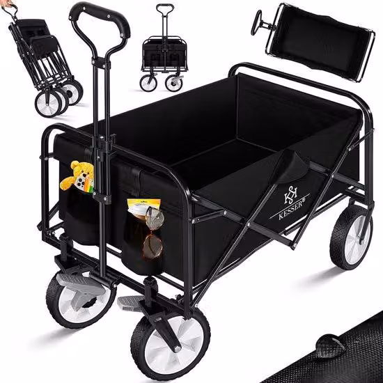Carrello pieghevole Unyqoos® – Carrello a mano con 2 scomparti in rete, ruote in PVC, capacità di carico fino a 80 kg, pieghevole, rimorchio da giardino senza copertura, colore nero