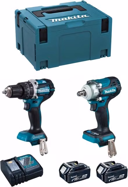 Kit Makita MK221RTJ con Trapano Avvitatore DHP484, Avvitatore a Impatto DTW300, 2 Batterie da 5,0 Ah e Caricatore DC18RC con Sistema di Trasporto MAKPAC 3