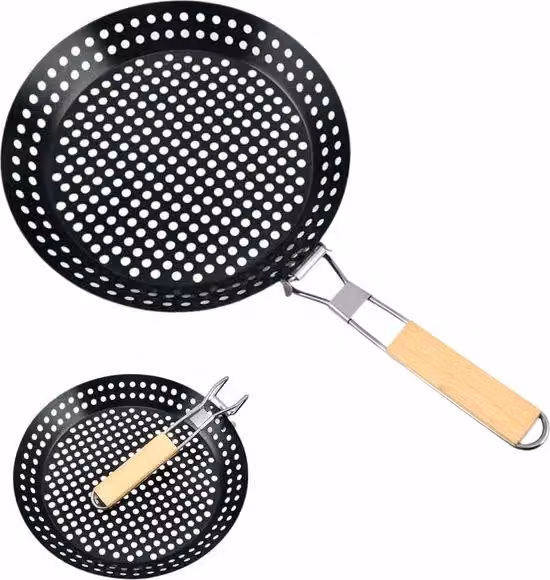 Padella grill portatile forata da 12 pollici, antiaderente, con manico in legno, per attrezzature da campeggio; padella per kebab per barbecue all'aperto