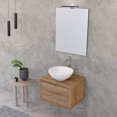 Mobile bagno sospeso INBAGNO Master rovere color marrone con lavabo a bacinella, specchio con illuminazione LED e ante soft close, Larghezza: 60 cm – 1