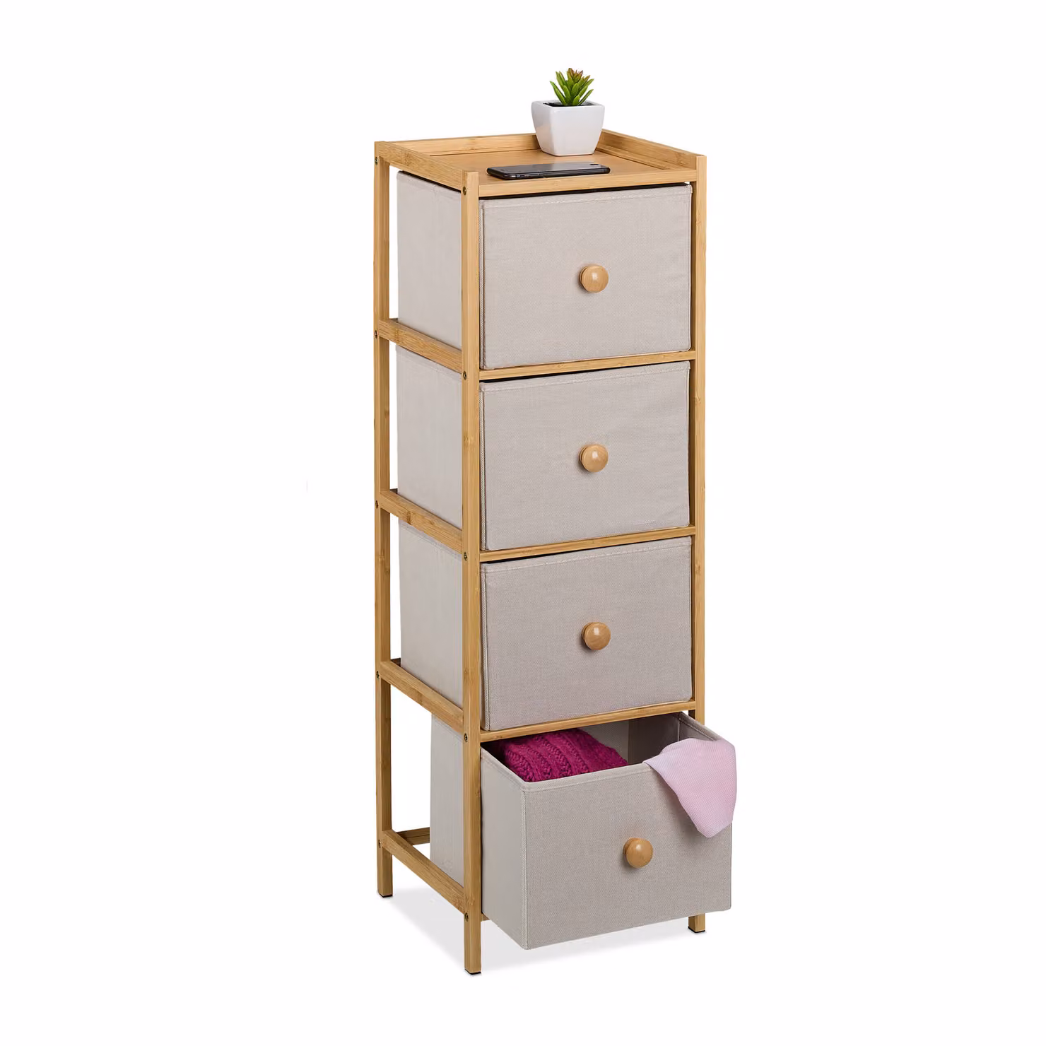 Comodino Relaxdays, L x P x A: 94 x 31 x 30 cm, 4 cassetti in tessuto, ingresso, camera da letto, comò stretto, beige/naturale