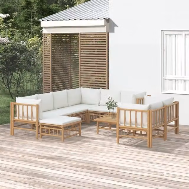 Set Salotto da Giardino vidaXL in Bambu con 10 Pezzi, Divano Angolare, Tavolino e Pouf, Colore Bianco e Beige