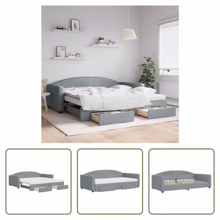 The Living Store Letto da giorno allungabile con cassetti grigio chiaro 100x200 cm tessuto
