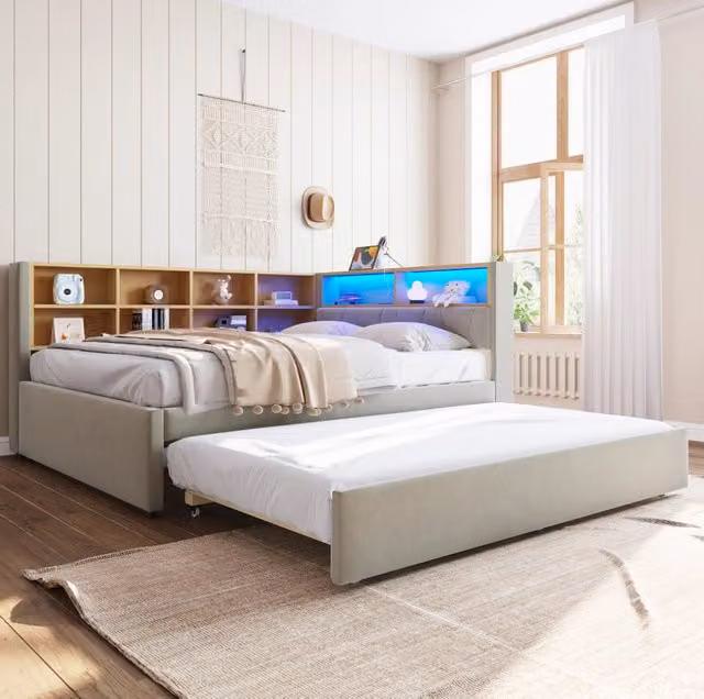 Divano letto ULEVR 140x200 cm con letto estraibile 90x190 cm, LED, USB, Type-C e presa, grigio chiaro
