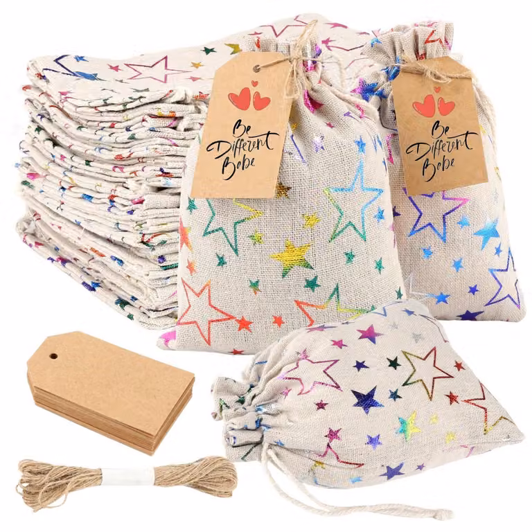 24 sacchetti di cotone con coulisse, 13x18 cm, piccoli sacchetti di stoffa con etichette regalo, ideali per creare calendari dell'Avvento fai-da-te, per matrimoni, Natale e altre occasioni