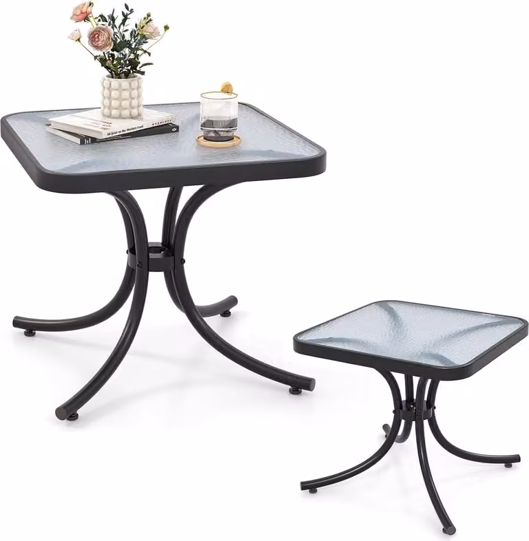 KOMFOTTEU Tavolo da giardino in vetro temperato, tavolino con struttura in metallo, tavolino da pranzo quadrato di piccole dimensioni resistente alle intemperie, tavolino da salotto per terrazza, balcone, 50 x 50 x 45 cm