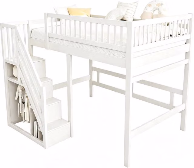 Letto a soppalco 140x200 cm con scala contenitore e sponde alte in legno; bianco