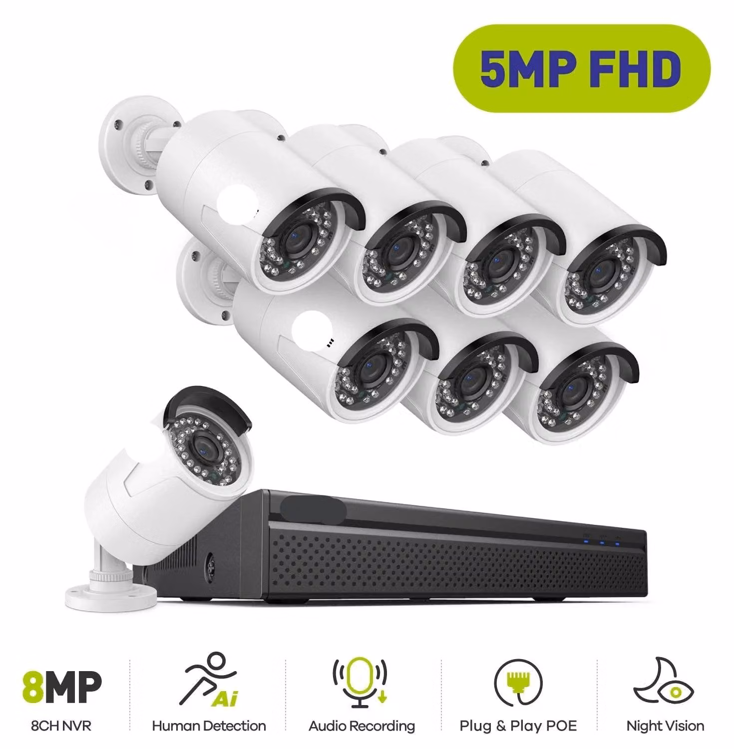 Sistema di videosorveglianza - Kit telecamere PoE - Registratore NVR a 8 canali - 8 telecamere - Senza disco rigido