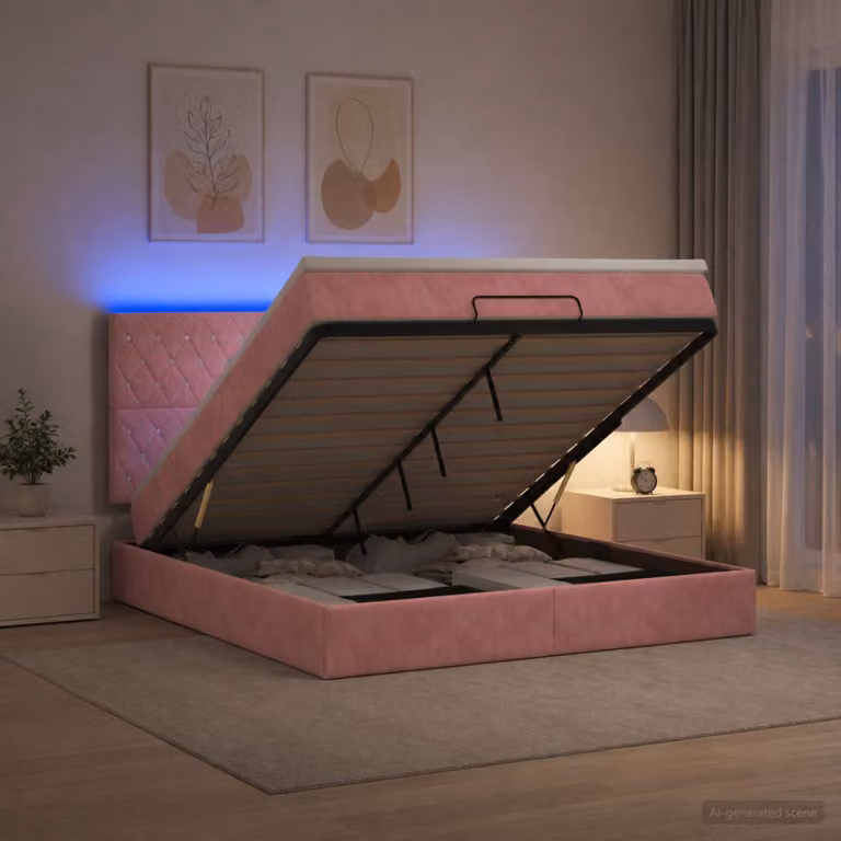 Letto Ottomano vidaXL con Materasso Ibrido e Illuminazione LED in Velluto Rosa, L: 160 cm, P: 200 cm, H: 88 cm
